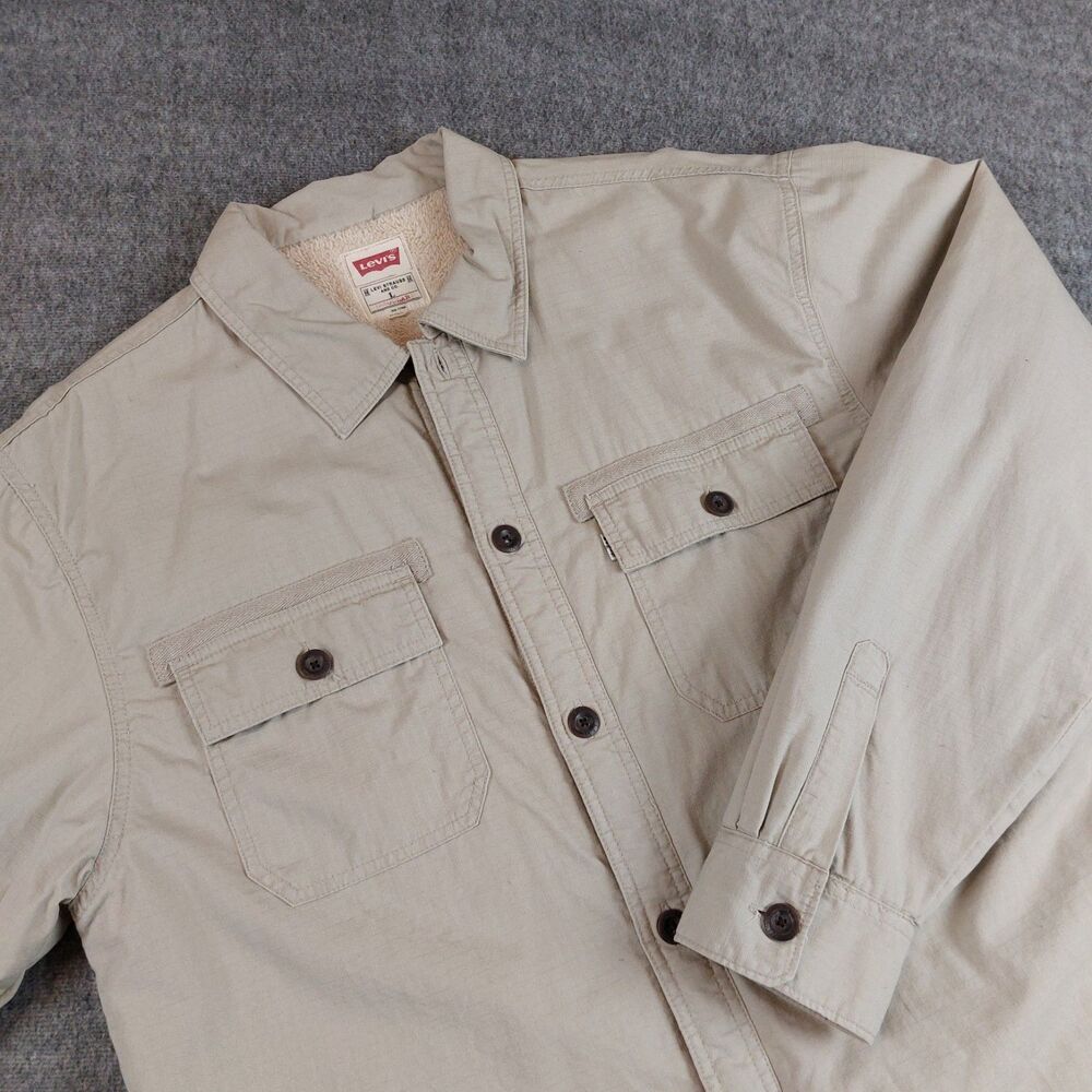 Levis Khaki Ripstop Sherpa Fleece Lined Shacket Men's Large Shirt Jacket